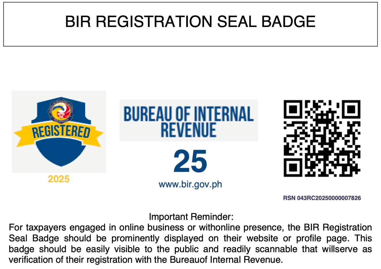 BIR registration seal badge, 2025, with QR code and registration seal number 043RC20250000007826