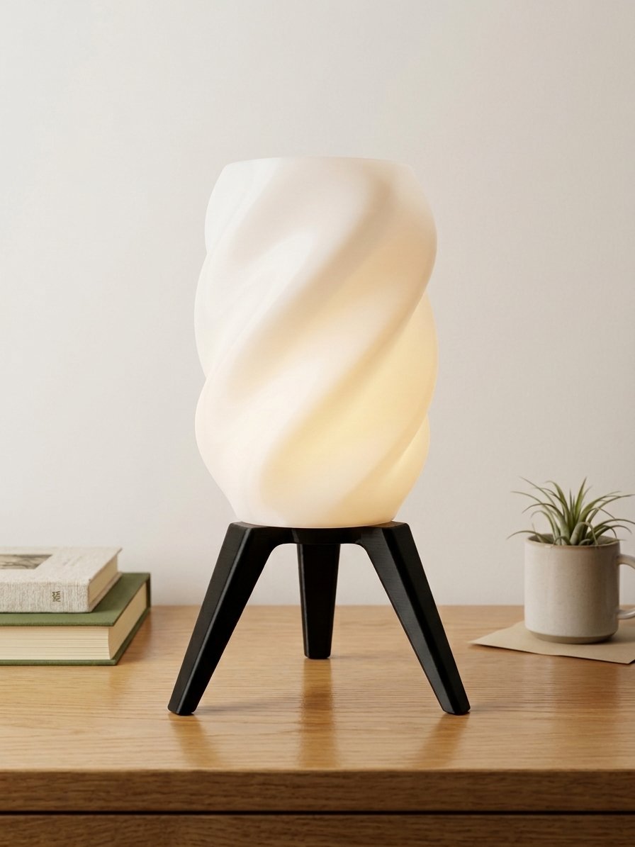 A white spiral 3D-printed lampshade on black tripod legs, made by SKY 3D